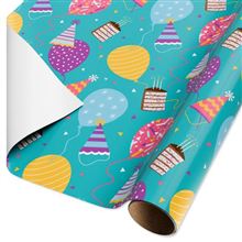 20 Sq. ft. Teal Birthday Wrapping Paper for Her, Balloons and Cake