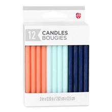 Birthday Candles, Long Thin Orange, Green, and Blue (12-Count)