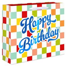 Large Red Multi-Colored Checkered Birthday Gift Bag